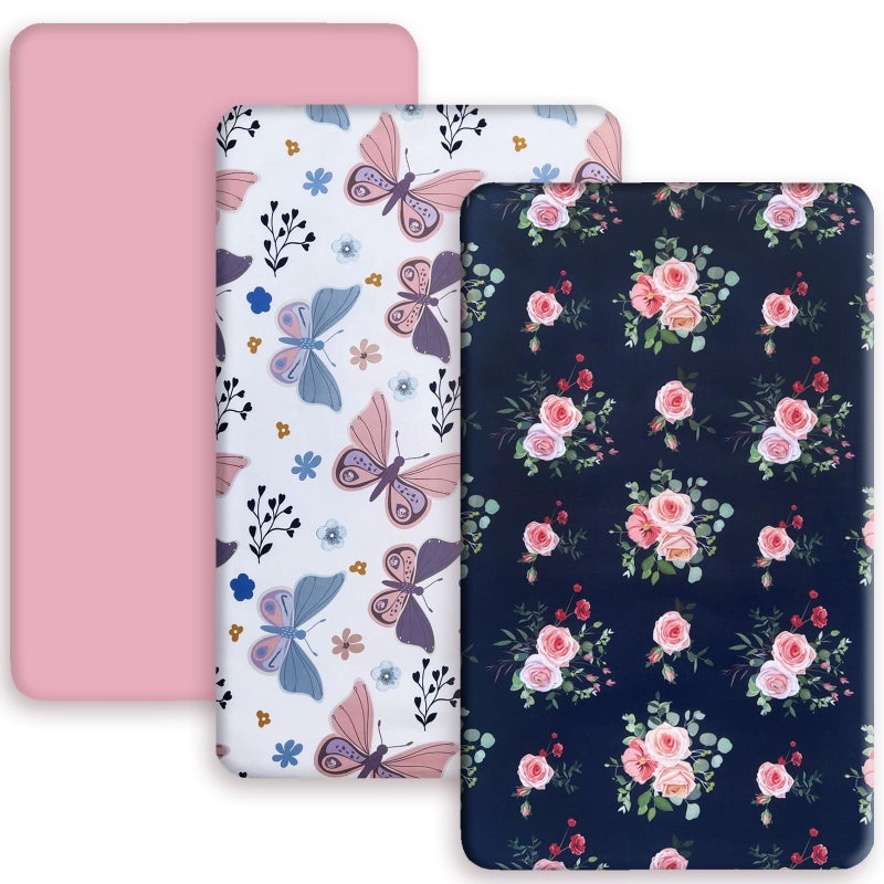 AMROSE 3 Pack Heavenly Soft Mini Crib Sheets, Microfiber Pack N Play Sheets Set for Baby Girls, Silk Touch Gentle, Fitted for Playard Portable Crib Mattress, Floral & Butterfly - Image 1