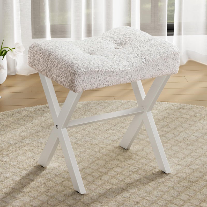 Memobarco 18Inch Vanity Stool Chair Vanity Bench with Metal XLegs Ottoman Accent Stool with Breathable and Soft Boucle Fabric Saddle Seat White