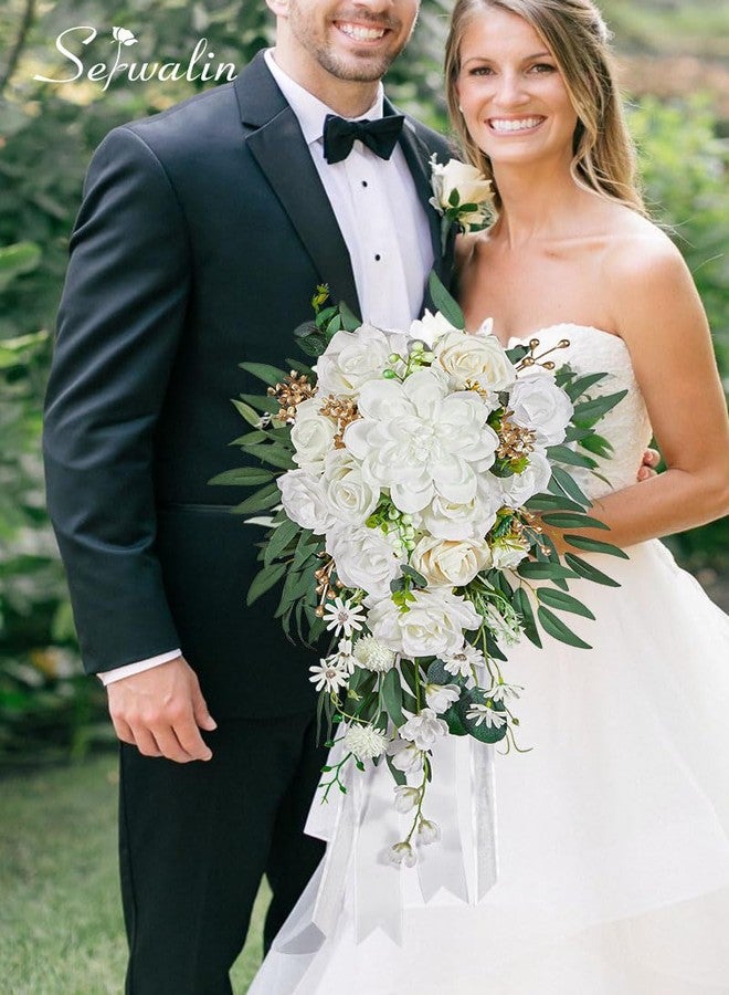 Serwalin 10 Inch Wedding Bouquets for Bride,Ivory Bridal Bouquet of Fake Flowers, Bridesmaid Bouquets for Wedding Ceremony Bridal Shower and Anniversary - Image 2