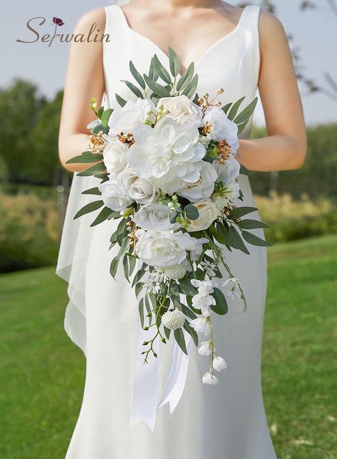 Serwalin 10 Inch Wedding Bouquets for Bride,Ivory Bridal Bouquet of Fake Flowers, Bridesmaid Bouquets for Wedding Ceremony Bridal Shower and Anniversary - Image 3