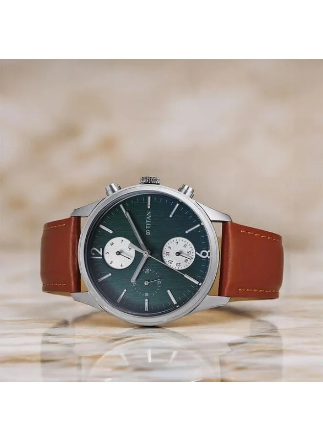 تيتان Wrist Wit Quartz Multifunction Green Dial Brown Leather Strap Watch for Men - 1805SL11