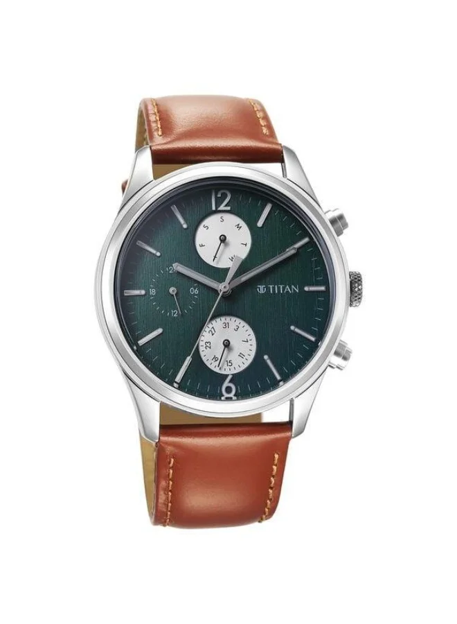 تيتان Wrist Wit Quartz Multifunction Green Dial Brown Leather Strap Watch for Men - 1805SL11