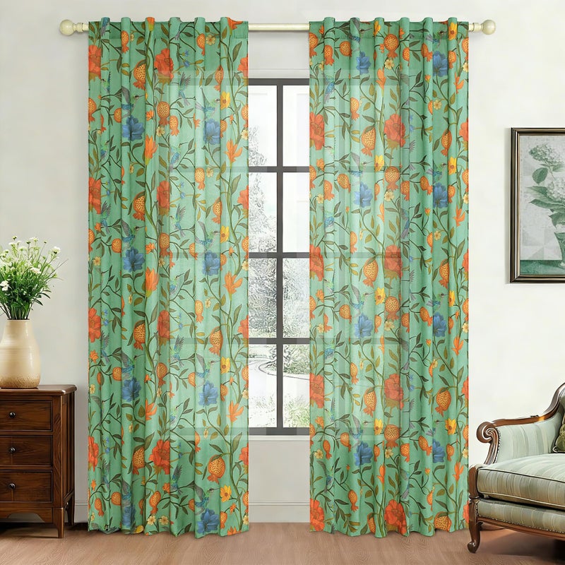JOOJA Bird Floral Curtains 2 Panels 63 Inches Long Vintage Boho Patterned Green Whimsical Living Room Colorful Linen Blend Printed Window Curtains for Bedroom Kitchen - Image 1