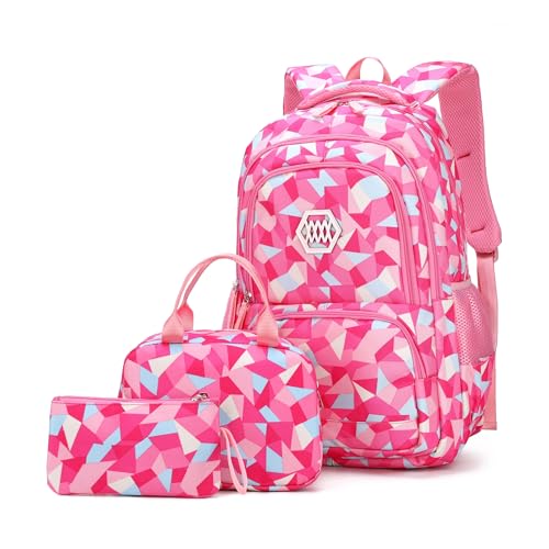 Bansusu 3Pcs Geometric Print Kids Backpack Set for Girls with Lunchbox, Capacity Elementary Middle School Bag Girls Backpack and Lunchbox Set - Image 1
