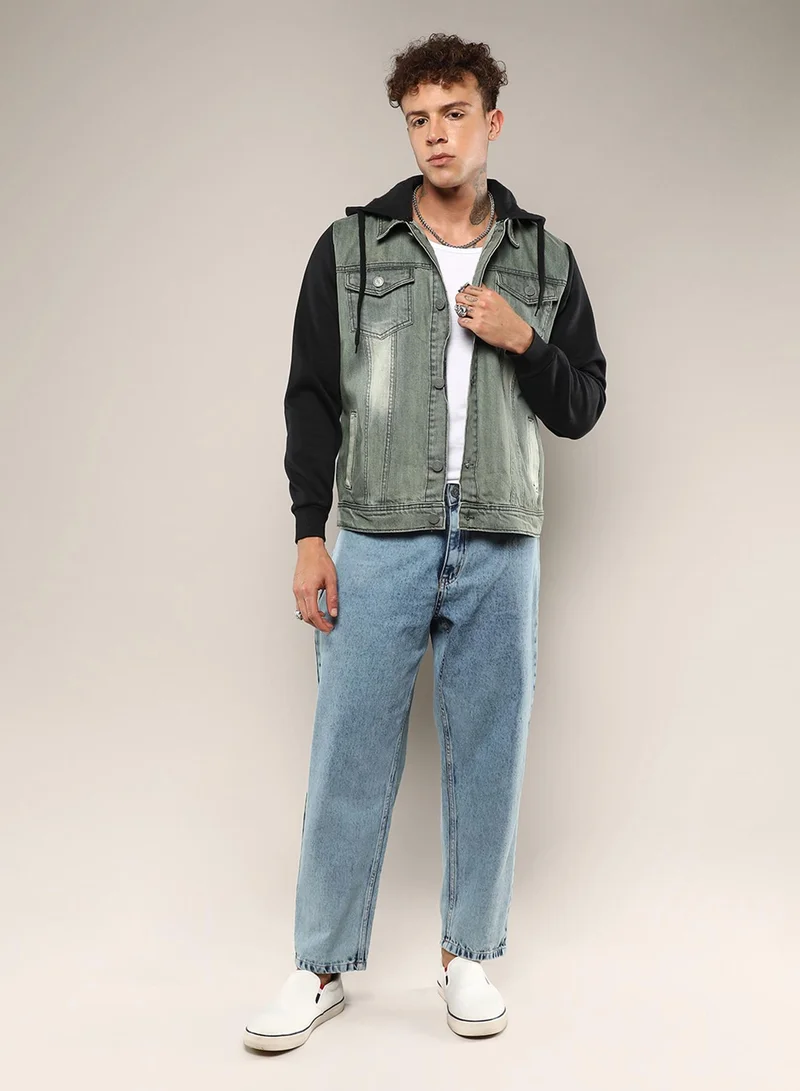 كامبوس سوترا Men's Grey & Black Light-Wash Denim Jacket With Sweatshirt Sleeve