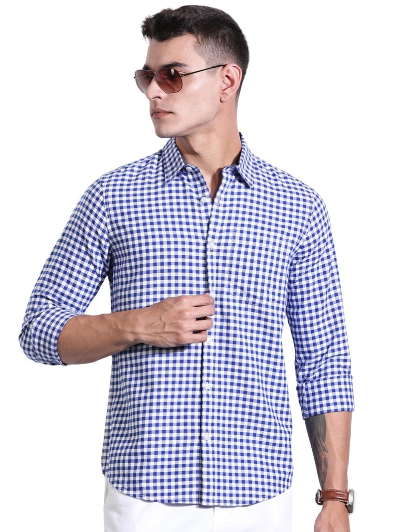 Thomas Scott Men | Long Sleeves | Gingham Checks | 100% Cotton | Spread Collar | Casual Shirt | (Available in Plus Size)(TS1481_RoyalBlue_XL) - Image 1