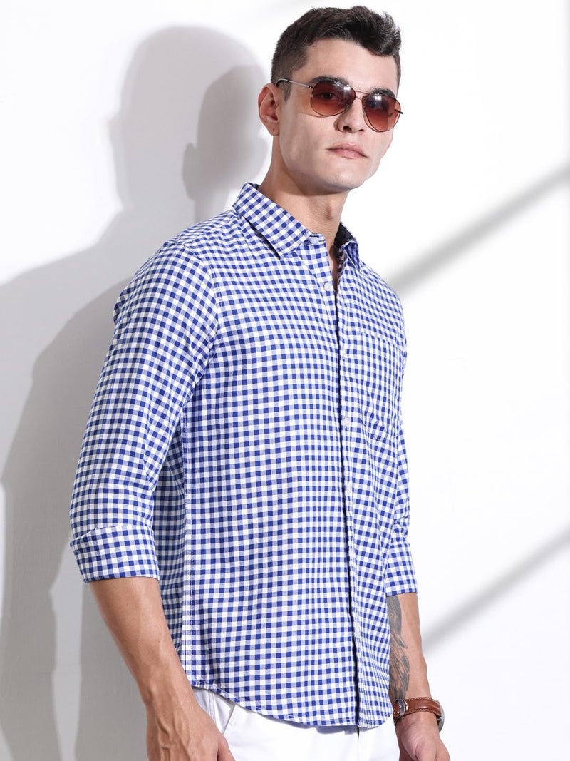 Thomas Scott Men | Long Sleeves | Gingham Checks | 100% Cotton | Spread Collar | Casual Shirt | (Available in Plus Size)(TS1481_RoyalBlue_XL) - Image 2