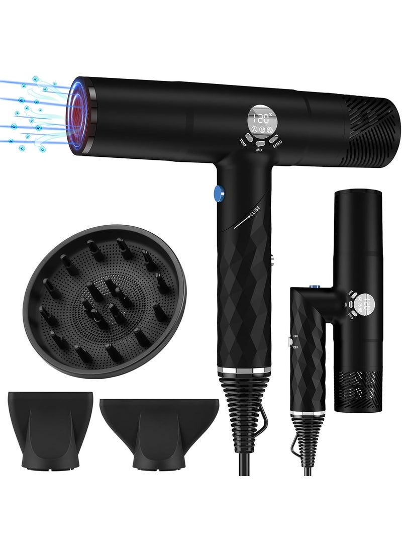 BESTBOMG Professional Hair Dryer Negative Ionic Blow Dryer LED Display Foldable Brushless Motor for Fast Drying Super LightWeight Powerful Quiet Motor Infrared and Ionic Technology 