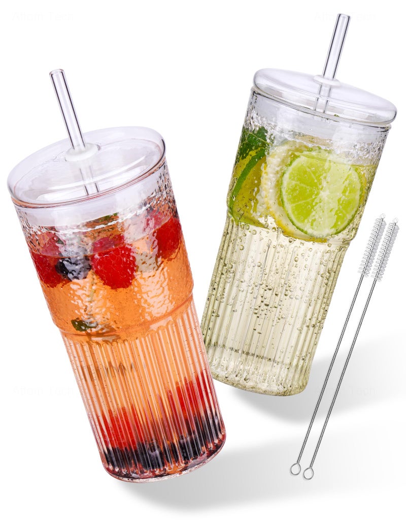 NiHome High Borosilicate Glass Tumbler Cup with Lid and Straw 22oz Clear Iced Coffee Glass Cups Drinking Jars Glasses Smoothie Tea Cup with Straws Wide Mouth Water Tumbler With Muffler Ring 2 Pack - Image 2