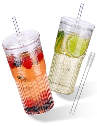 NiHome High Borosilicate Glass Tumbler Cup with Lid and Straw 22oz Clear Iced Coffee Glass Cups Drinking Jars Glasses Smoothie Tea Cup with Straws Wide Mouth Water Tumbler With Muffler Ring 2 Pack - Image 1