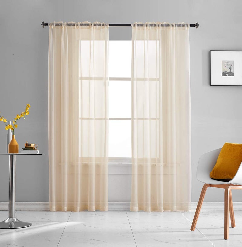 TOAVA DECO Beige Sheer Curtains 108 Inches Long 2 Panels Rod Pocket Translucent Solid Color Window Treatment Volie Beige Sheer Curtains Panels for Bedroom Living Room 2 Panels 52x108