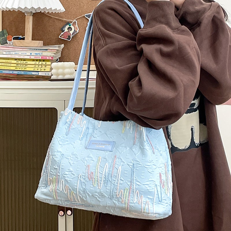 New Canvas Commuter Bag Contrasting Color Striped All-Match One-Shoulder Underarm Bag Tote Large Capacity Casual Bag For Women - Image 4