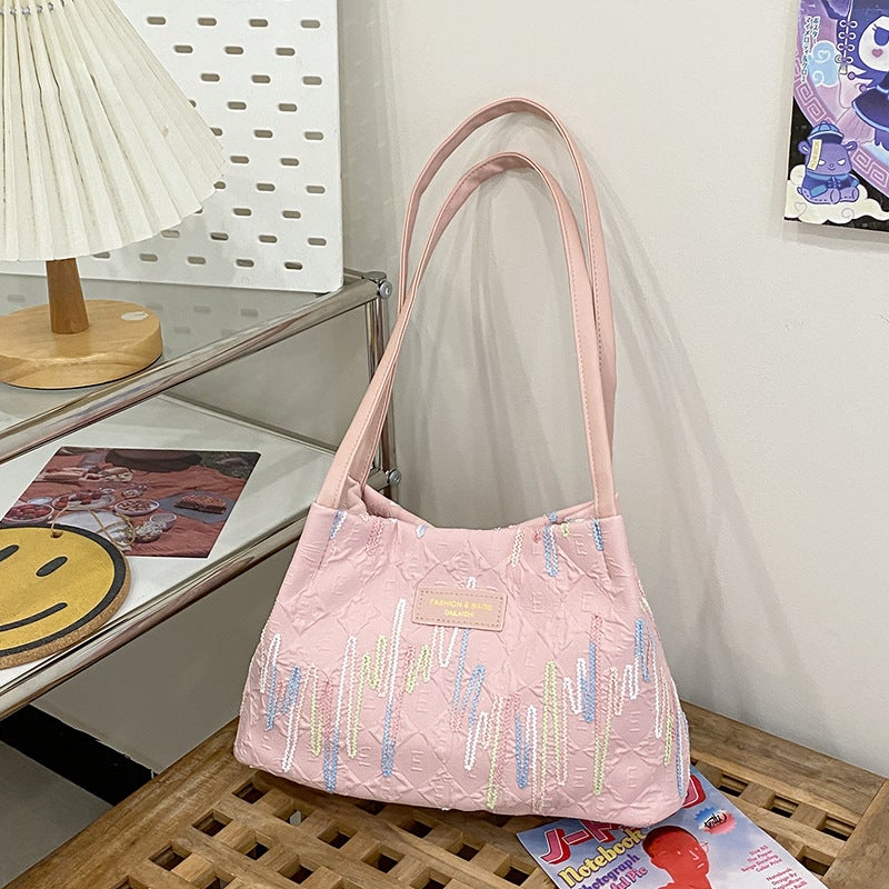 New Canvas Commuter Bag Contrasting Color Striped All-Match One-Shoulder Underarm Bag Tote Large Capacity Casual Bag For Women - Image 1