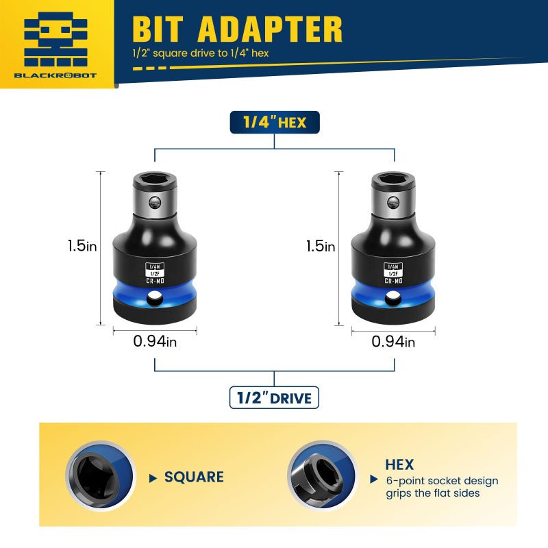 BLACKROBOT 2PCS Impact Bit Holders 1/2 Inch Square Drive to 1/4 Inch Hex Socket Adapter for Impact Wrench - Image 2