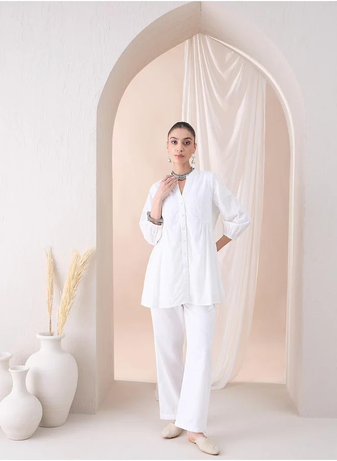 فيميلا Embroidered Down Cotton Tunic with Straight Pant Co-Ords