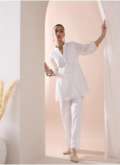 Femmella Embroidered Down Cotton Tunic with Straight Pant Co-Ords by Styli  - Image 5