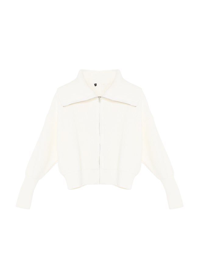trendyol Ecru Turn-down Collar Zippered Knitted Cardigan TWOAW24HI00072 - Image 5