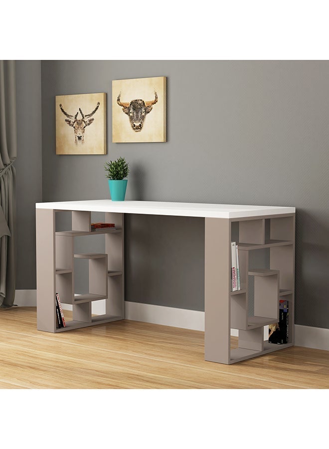 Mourah Home Labirent Modern Working Table With Storage Study Desk With Open Shelves For Office Home Simple Design  60X75X137 Cm White/Light Mocha - Image 2