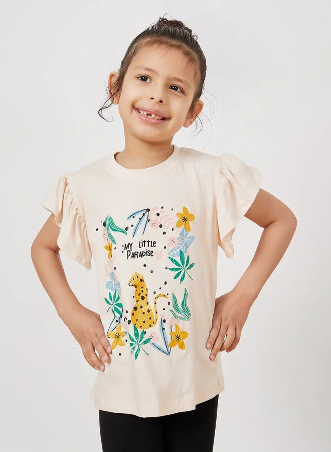 Styli Frill Sleeve Graphic Print T-Shirt & Leggings Set