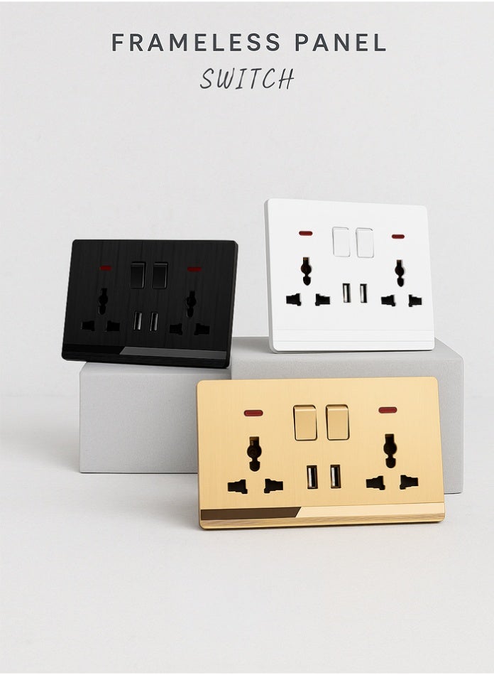 Vmax Double MF Universal Switched Socket with 2 USB Ports Frameless Aluminum Panel Dual USB Fast Charging Easy DIY Installation Stylish Modern Wall Power Outlet - Image 1