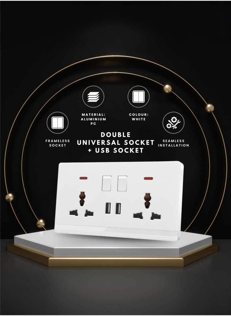 Vmax Double MF Universal Switched Socket with 2 USB Ports Frameless Aluminum Panel Dual USB Fast Charging Easy DIY Installation Stylish Modern Wall Power Outlet - Image 2