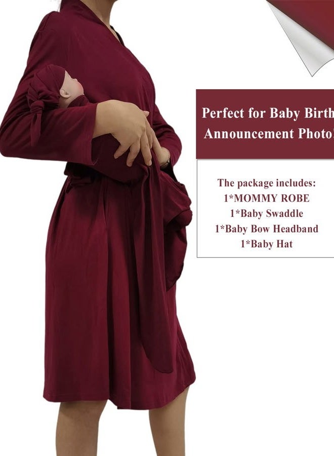 QTECLOR Mommy Robe for Maternity with Matching Swaddle Blanket Girls Boys, Delivery Labor Robe for Hospital Women Dress, C3 Robe+swaddle+headband+hat, XL - Image 3