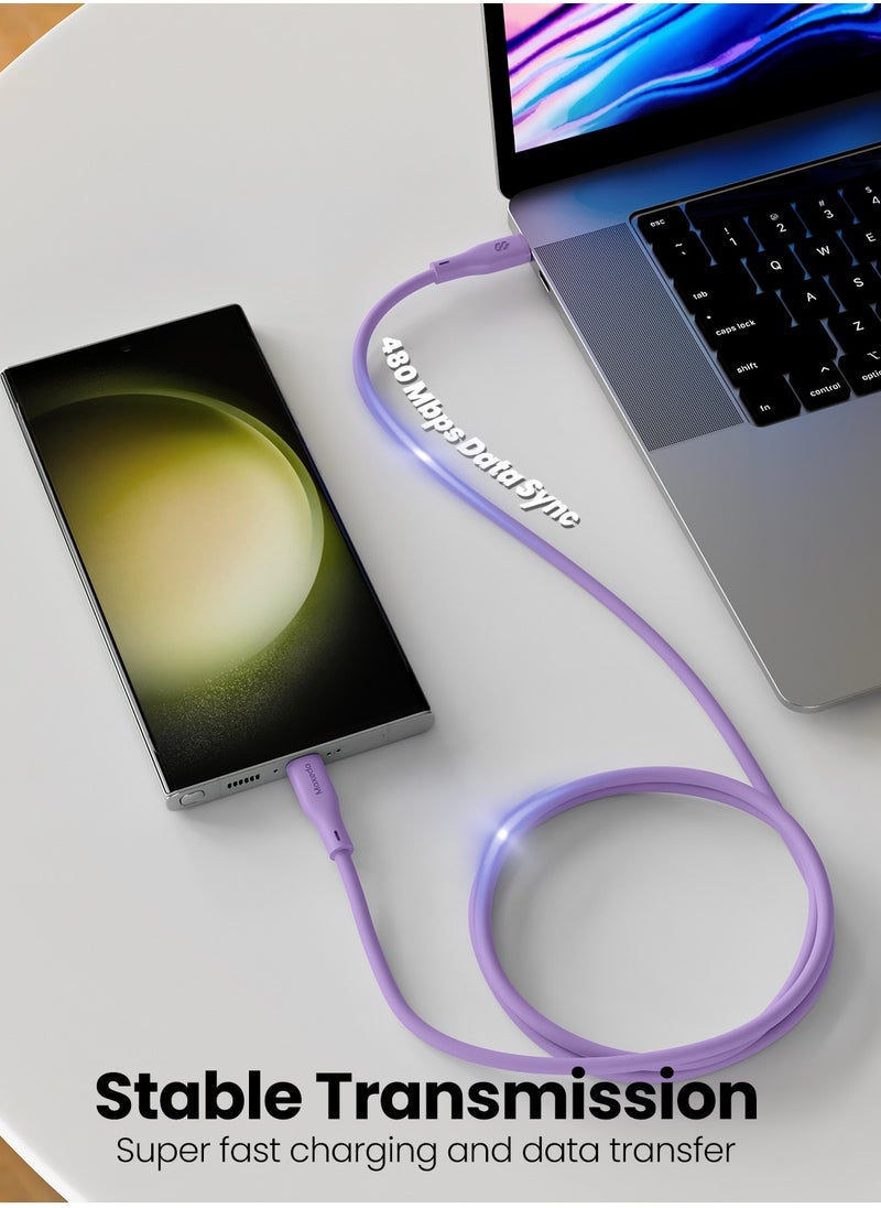 Moxedo Moxedo Cavo X Pro USB-C to USB-C Silicone Cable 60W PD Fast Charge and Data Sync Compatible for iPhone15/ MacBook Pro 2020/ iPad Pro 2020/ iPad Air 4/ Samsung Galaxy S23+/S23 Ultra (Purple 1.2m)  - Image 2
