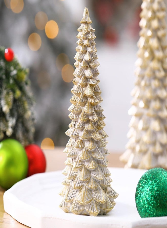 Threehoney 5 Pcs White Gold Christmas Tree Figurines 11''/ 8.6''/ 7''/4.7'' Glittered Christmas Trees Resin Stone Xmas Holiday Figurines Xmas Desk Decor Centerpieces for Tabletop Decorations - Image 4