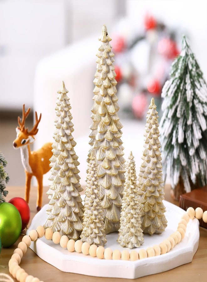 Threehoney 5 Pcs White Gold Christmas Tree Figurines 11''/ 8.6''/ 7''/4.7'' Glittered Christmas Trees Resin Stone Xmas Holiday Figurines Xmas Desk Decor Centerpieces for Tabletop Decorations - Image 2