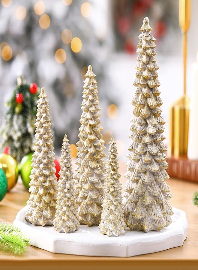 Threehoney 5 Pcs White Gold Christmas Tree Figurines 11''/ 8.6''/ 7''/4.7'' Glittered Christmas Trees Resin Stone Xmas Holiday Figurines Xmas Desk Decor Centerpieces for Tabletop Decorations - Image 1