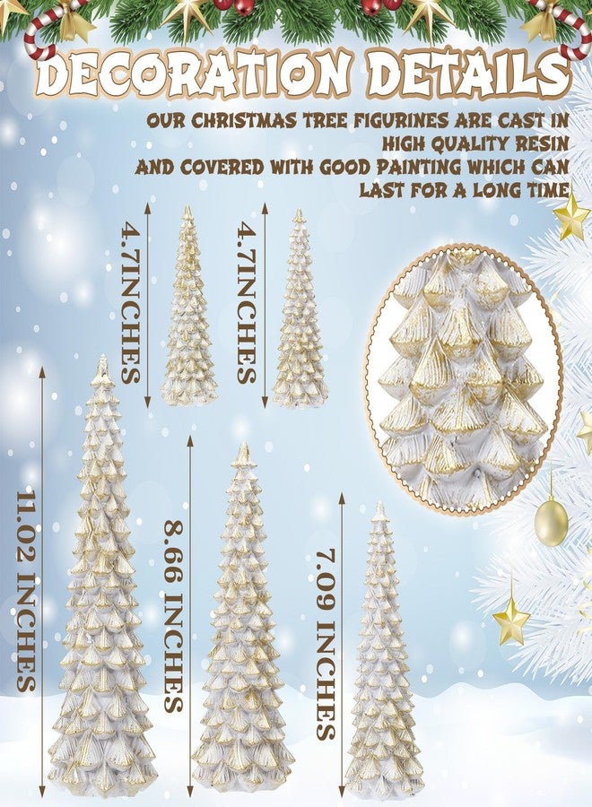 Threehoney 5 Pcs White Gold Christmas Tree Figurines 11''/ 8.6''/ 7''/4.7'' Glittered Christmas Trees Resin Stone Xmas Holiday Figurines Xmas Desk Decor Centerpieces for Tabletop Decorations - Image 5
