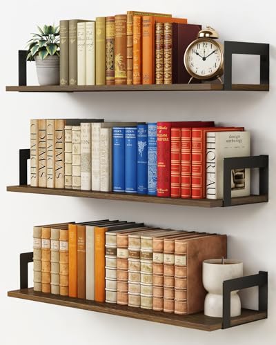 Harwaya Floating Book Shelves for Wall 3-Pack, 24 Inch Long Wall Mount Bookshelf for Bedroom, Rustic Farmhouse Wood Hanging Bookshelves for Living Room Office Books Plants (Dark Brown) - Image 1
