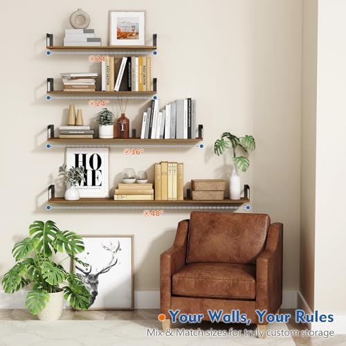 Harwaya Floating Book Shelves for Wall 3-Pack, 24 Inch Long Wall Mount Bookshelf for Bedroom, Rustic Farmhouse Wood Hanging Bookshelves for Living Room Office Books Plants (Dark Brown) - Image 3