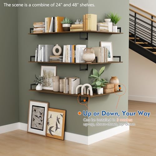 Harwaya Floating Book Shelves for Wall 3-Pack, 24 Inch Long Wall Mount Bookshelf for Bedroom, Rustic Farmhouse Wood Hanging Bookshelves for Living Room Office Books Plants (Dark Brown) - Image 5