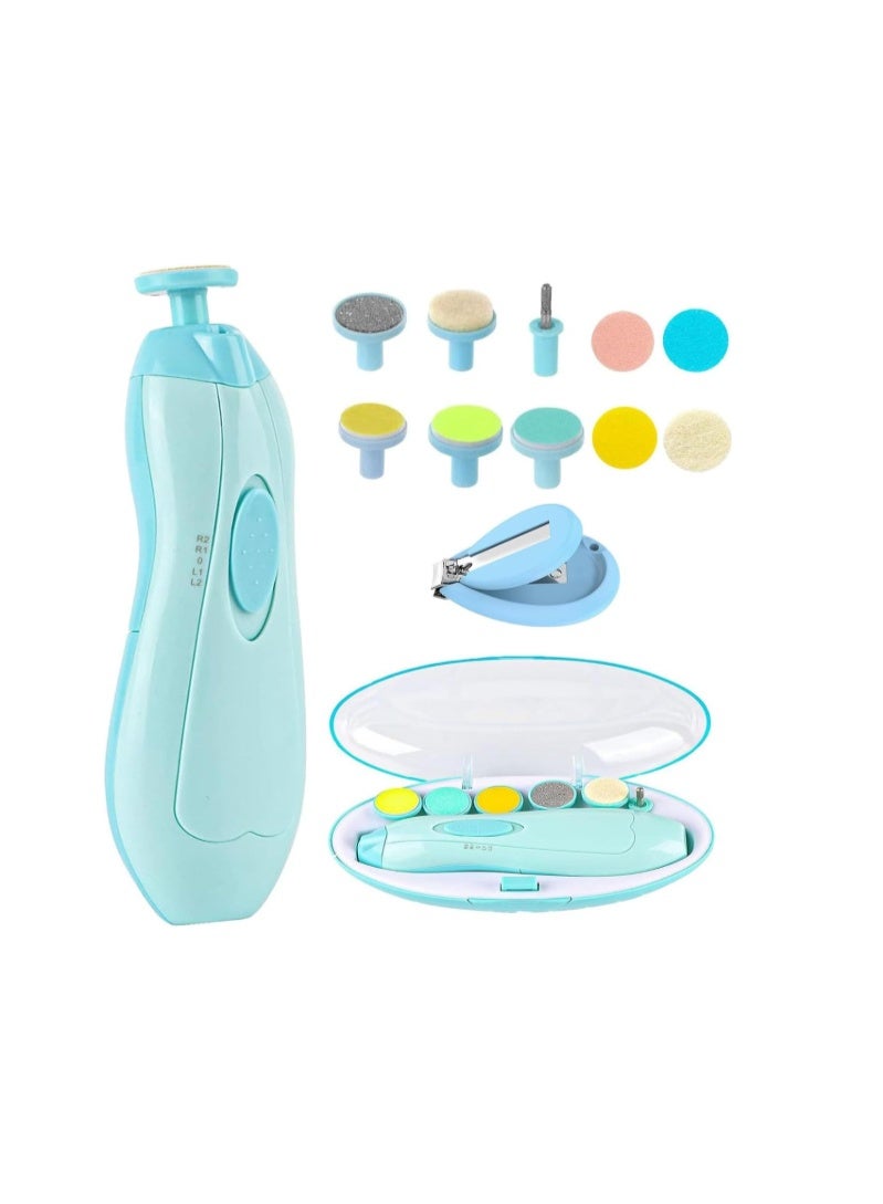 Gnker Baby Nail Trimmer File Electric Safe Nail Clippers With Light For Newborn Or Toddler Toes And Fingernails, 12 In 1 With 4 Replacement Pads And Nail Cutter Blue - Image 1
