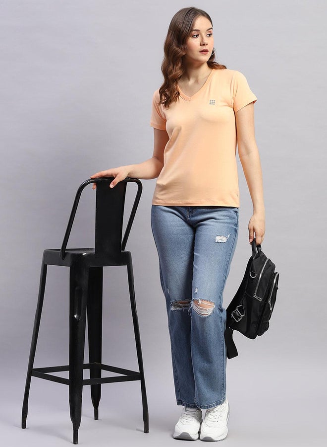 Rock.it Women Peach Solid V Neck Short Sleeve Top - Image 5