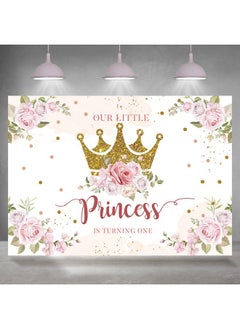 Rsuuinu Little Princess Backdrop 1St Birthday Party Decorations For Girls Pink Flowers Banner Gold Crown Glitter Happy First Birthday Photography Background Cake Table Decor Photo Booth Props 7X5Ft  - Image 2