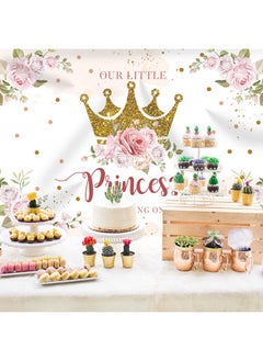 Rsuuinu Little Princess Backdrop 1St Birthday Party Decorations For Girls Pink Flowers Banner Gold Crown Glitter Happy First Birthday Photography Background Cake Table Decor Photo Booth Props 7X5Ft  - Image 5