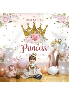 Rsuuinu Little Princess Backdrop 1St Birthday Party Decorations For Girls Pink Flowers Banner Gold Crown Glitter Happy First Birthday Photography Background Cake Table Decor Photo Booth Props 7X5Ft  - Image 3