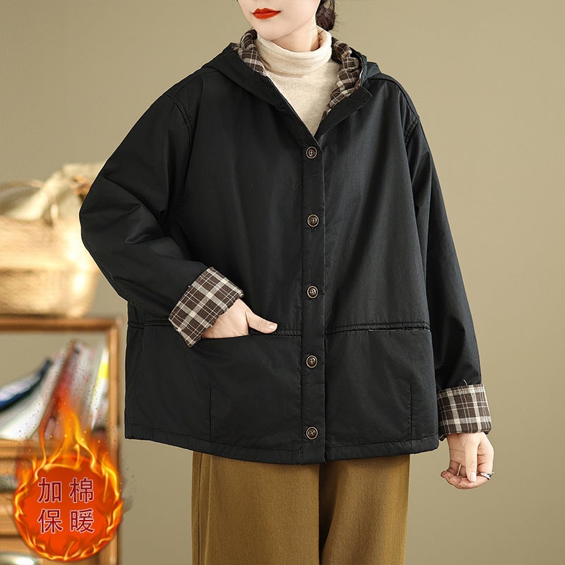 Real S Of High-Quality Winter Retro Cotton Windbreaker Double-Layer Jacket With Plaid Lining Hooded Quilted Cotton Jacket Warm Cotton Jacket - Image 1
