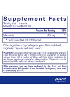 Pure Encapsulations Pure Encapsulations Melatonin 0.5 mg - Natural Sleep Helper for Bedtime - Regulates Sleep-Wake Cycle - 0.5 mg Melatonin - Sleep Supplement* - Vegan & Non-GMO - 60 Capsules  - Image 2