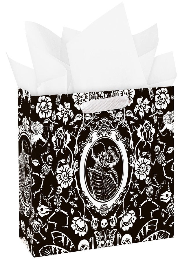WRAPAHOLIC 13" Large Gothic Wedding Gift Bag with Tissue Paper - Cupid and Floral Skeleton Couple Design Paper Bags for Wedding Bridal Shower Halloween and Party - Image 1