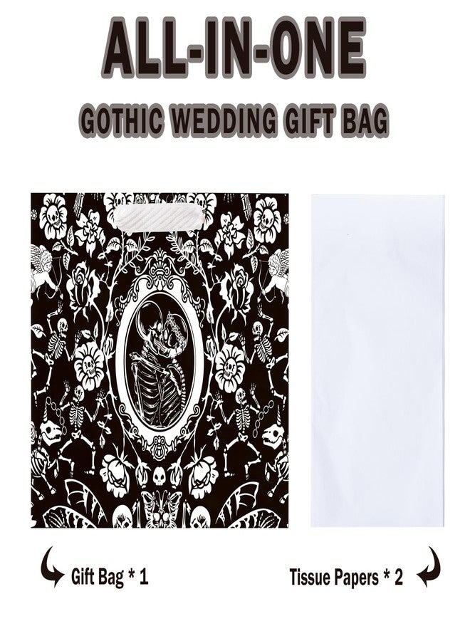 WRAPAHOLIC 13" Large Gothic Wedding Gift Bag with Tissue Paper - Cupid and Floral Skeleton Couple Design Paper Bags for Wedding Bridal Shower Halloween and Party - Image 3