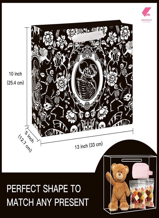 WRAPAHOLIC 13" Large Gothic Wedding Gift Bag with Tissue Paper - Cupid and Floral Skeleton Couple Design Paper Bags for Wedding Bridal Shower Halloween and Party - Image 2