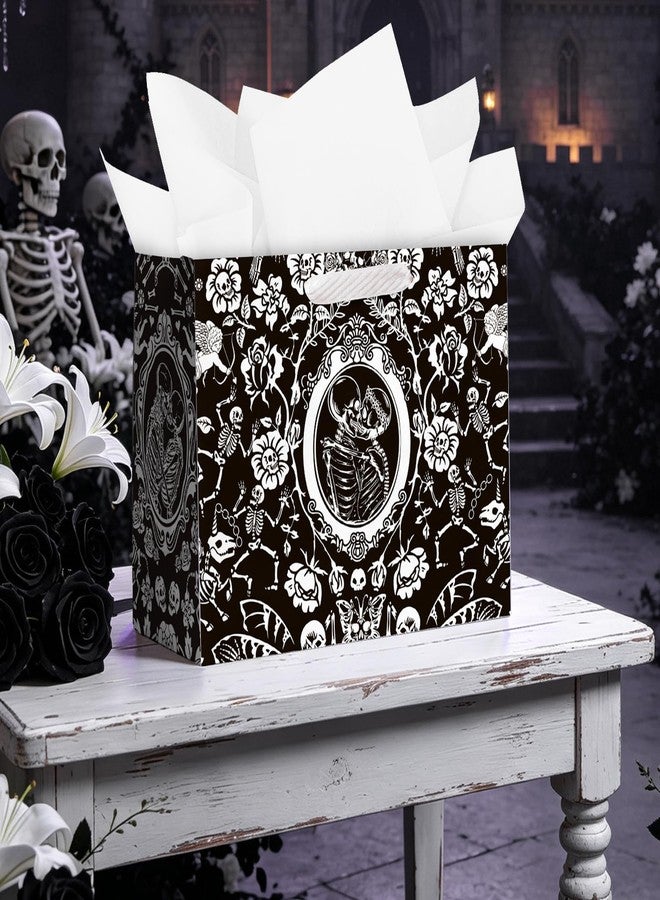 WRAPAHOLIC 13" Large Gothic Wedding Gift Bag with Tissue Paper - Cupid and Floral Skeleton Couple Design Paper Bags for Wedding Bridal Shower Halloween and Party - Image 4