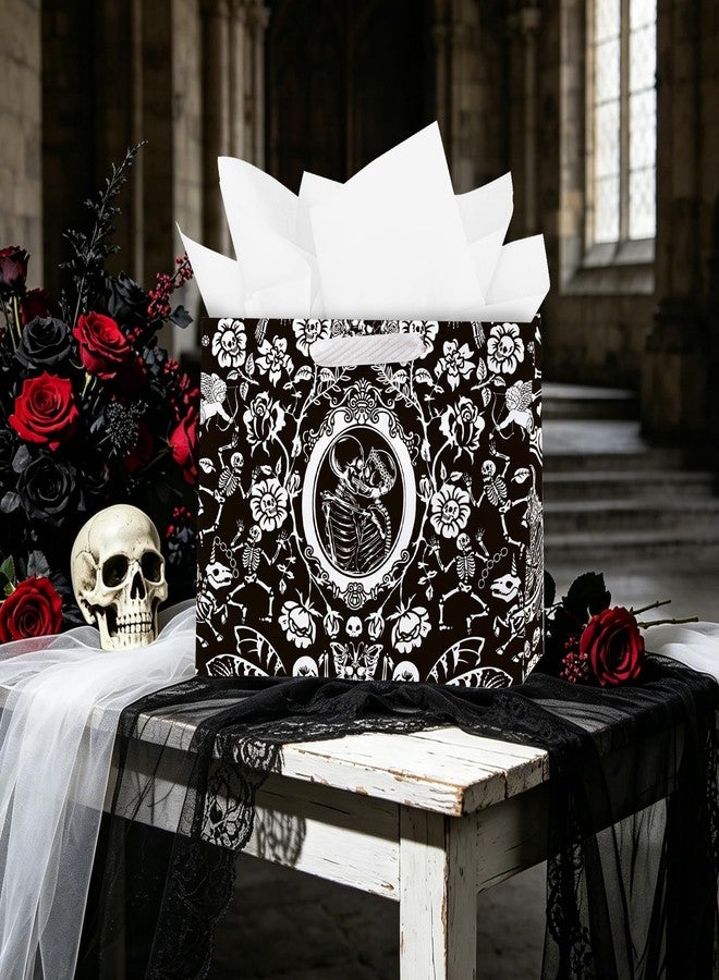 WRAPAHOLIC 13" Large Gothic Wedding Gift Bag with Tissue Paper - Cupid and Floral Skeleton Couple Design Paper Bags for Wedding Bridal Shower Halloween and Party - Image 5