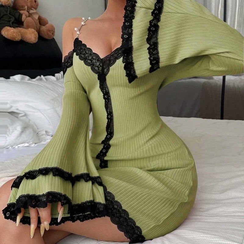 Cross-border European and American Best-selling Lace Pearl Strap Lace Nightgown V-neck Homewear Sexy Backless Flared Sleeve