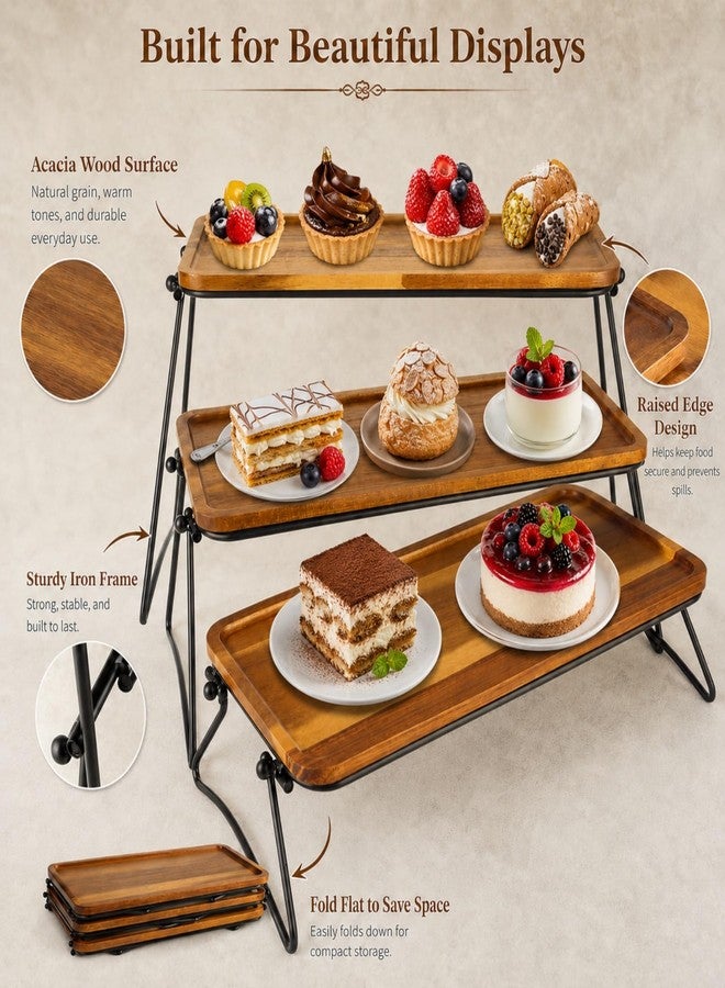 RHBLME Tiered Tray Stand, Acacia Wood Dessert Table Display Set, 3 Tier Cupcake Stand and Towers Serving Tray for Party, Decorative Tiered Tray Rustic Wood Serving Platters and Trays - Image 3