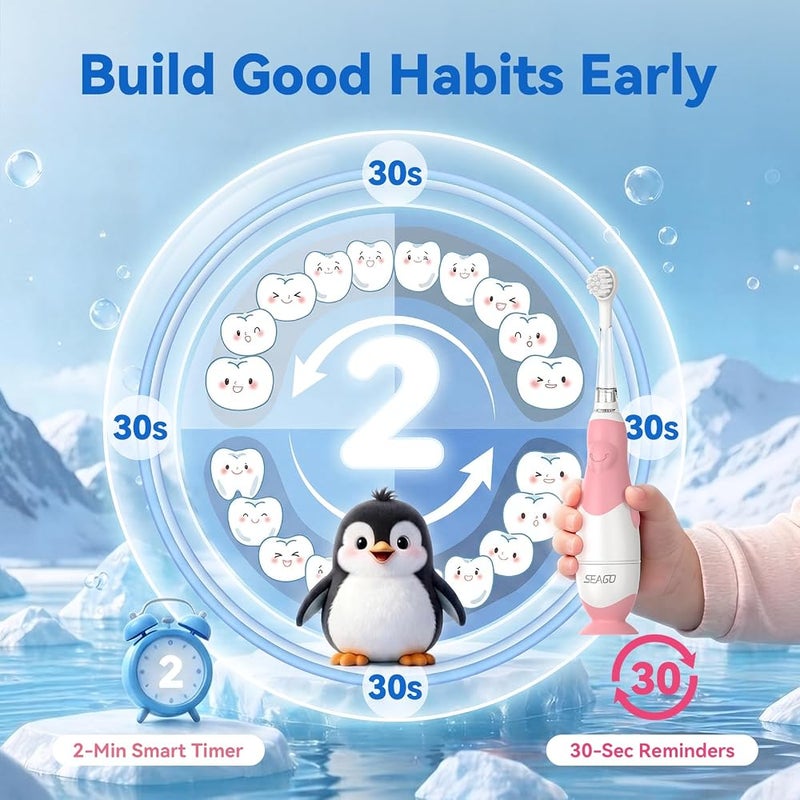 SEAGO Toddler Electric Toothbrushes for Baby Ages 0-3 Years, Baby Toothbrush with Smart Timer and Suction Base, 4 Replacement Brush Heads SG-513 - Image 5