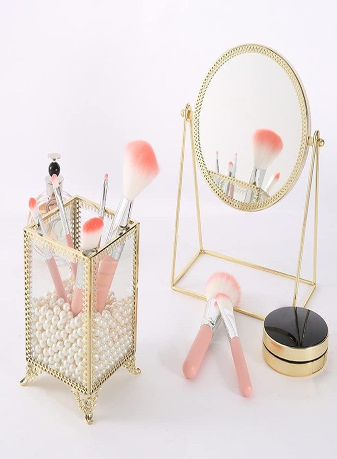 HKS Makeup Brush Holder Vintage Glass Handmade Organizer with White Pearls for Nail Brush, Vanity, Bathroom, Dresser, Countertop - Gold - Image 5